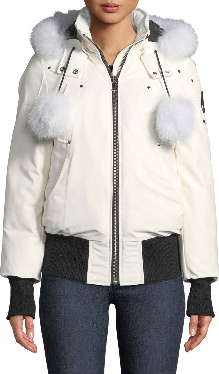 Moose Knuckles Debbie Long-Sleeve Zip-Front Bomber Jacket w/ Pompoms