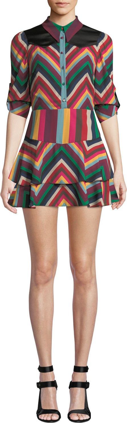 Alice + Olivia Hazeline Roll-Cuff Tiered Chevron Shirtdress