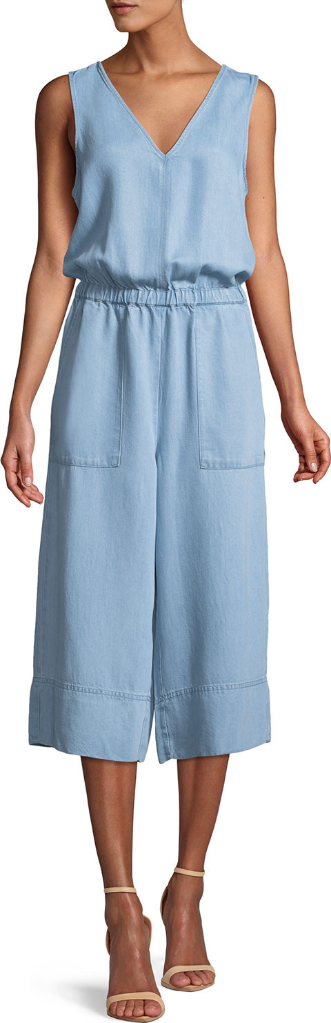 Splendid Indigo Cropped Wide-Leg Chambray Jumpsuit