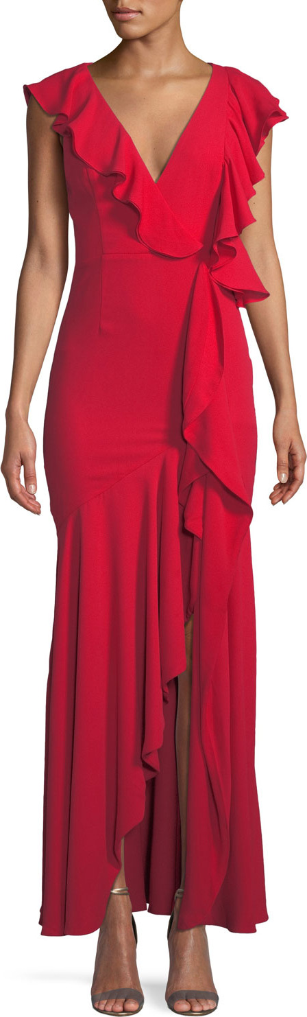 Fame and Partners Vionna V-Neck Sleeveless Draped Ruffled Evening Gown