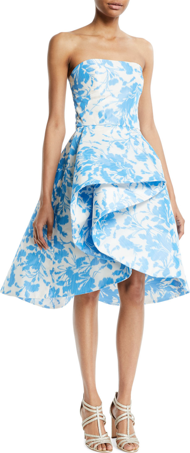 Monique Lhuillier Strapless Draped Floral-Print Taffeta Cocktail Dress