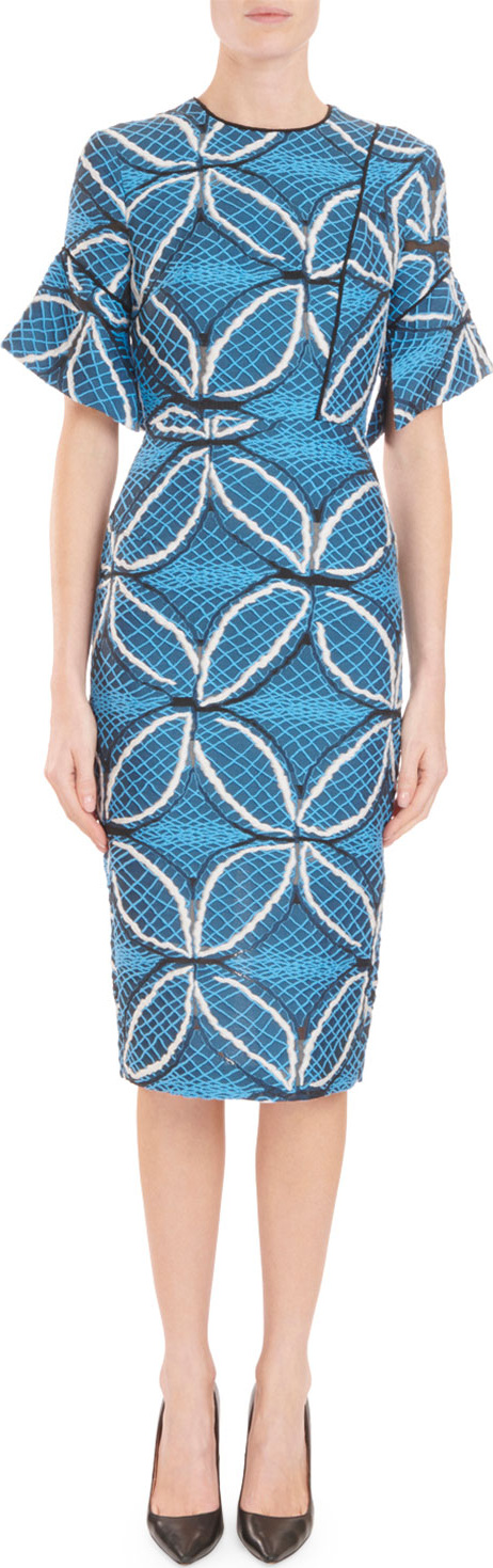 Roland Mouret Fluted Elbow-Sleeve Geometric Floral-Jacquard Midi Dress