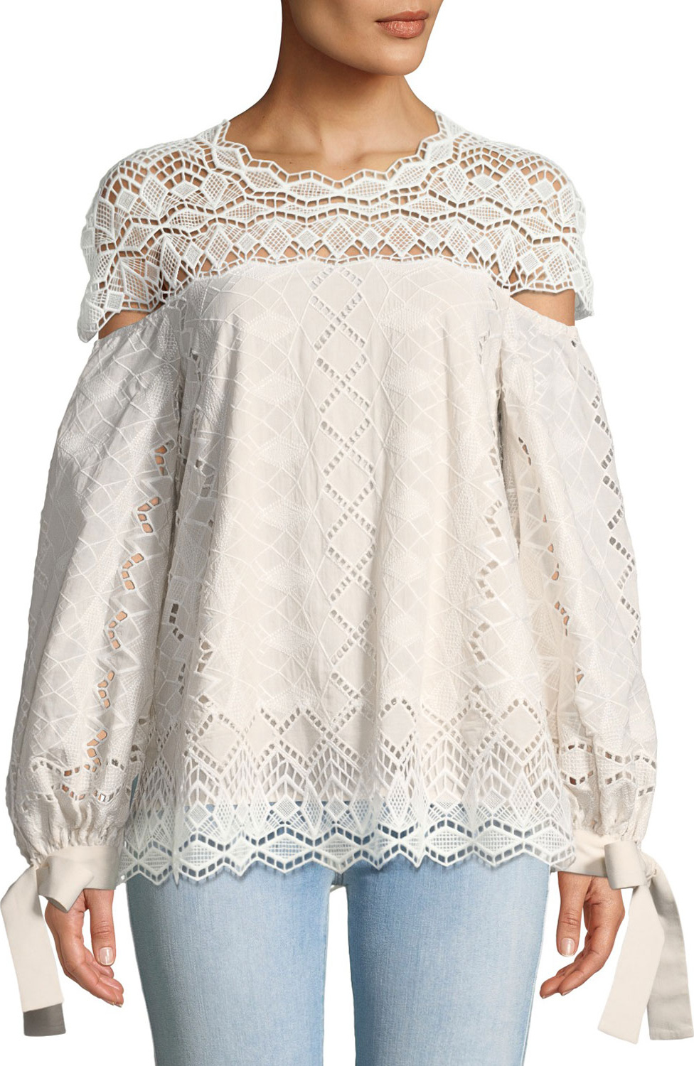 Jonathan Simkhai Diamond Lace Blouson-Sleeve Blouse
