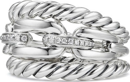 David Yurman Wellesley Sterling Silver Three-Row Ring with Diamonds