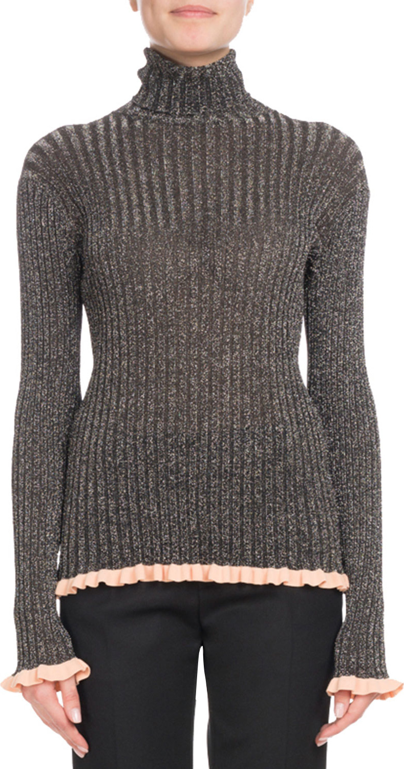 Chloe Turtleneck Long-Sleeve Metallic-Ribbed Knit Sweater