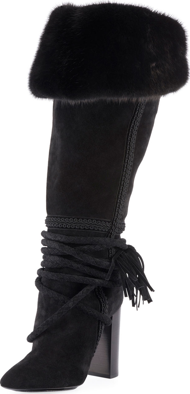 Saint Laurent Meurice Suede Knee Boots with Fur Collar
