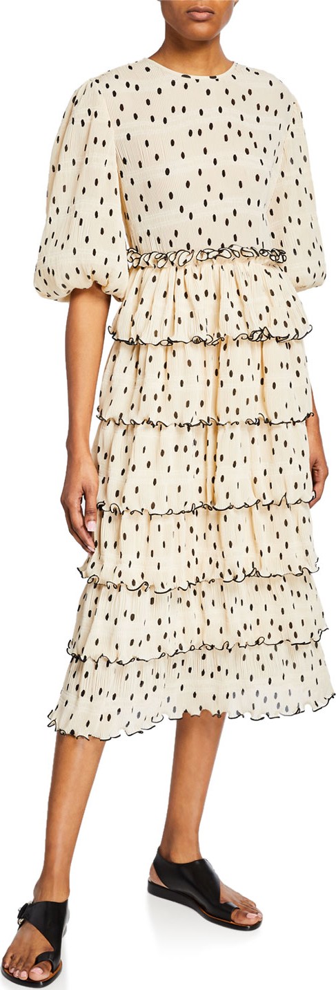 Ganni Dot-Print Plisse Blouson-Sleeve Tiered Midi Dress