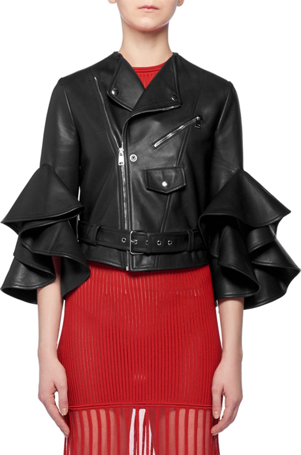 Alexander McQueen Ruffle Elbow-Sleeve Fitted Cropped Lambskin Leather Biker Jacket