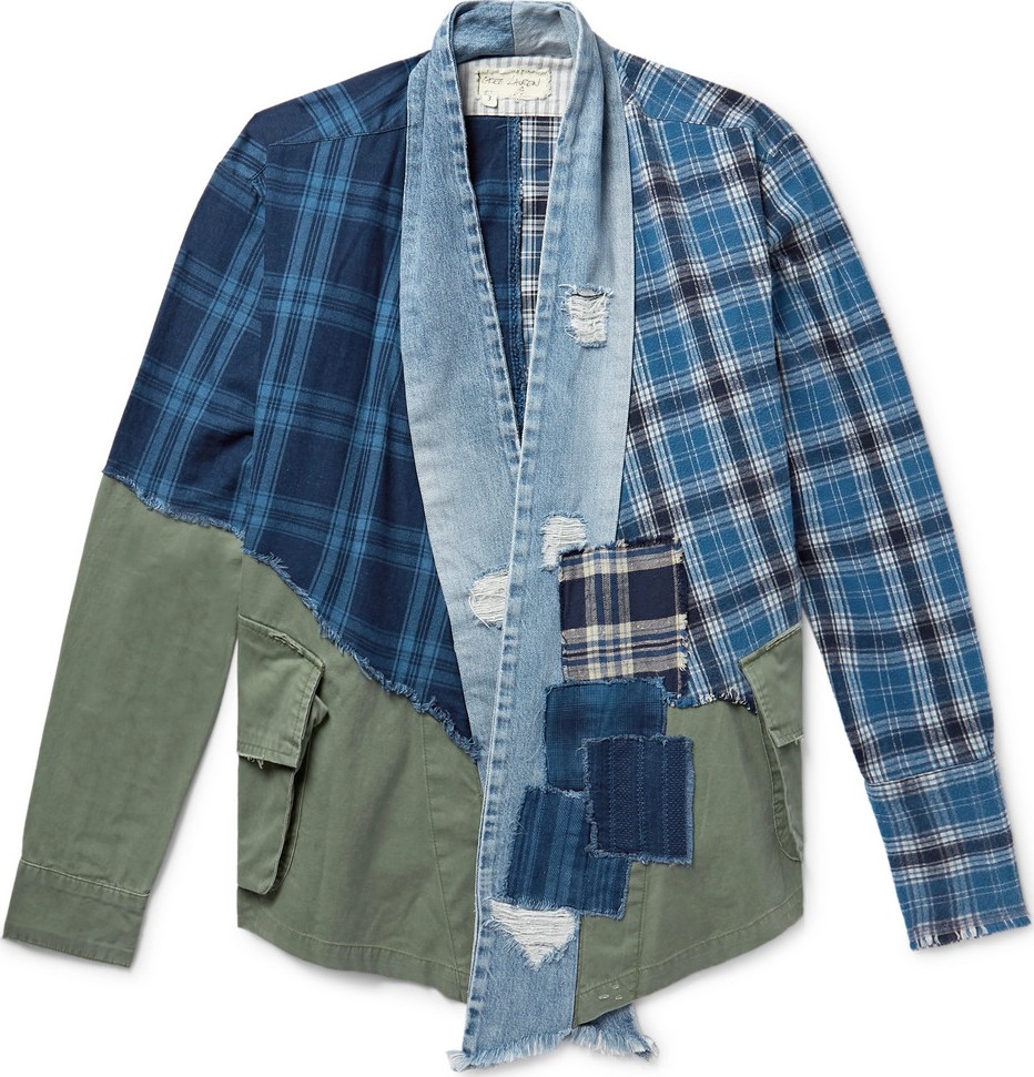 Greg Lauren Panelled Cotton-Canvas, Denim and Checked Flannel Jacket