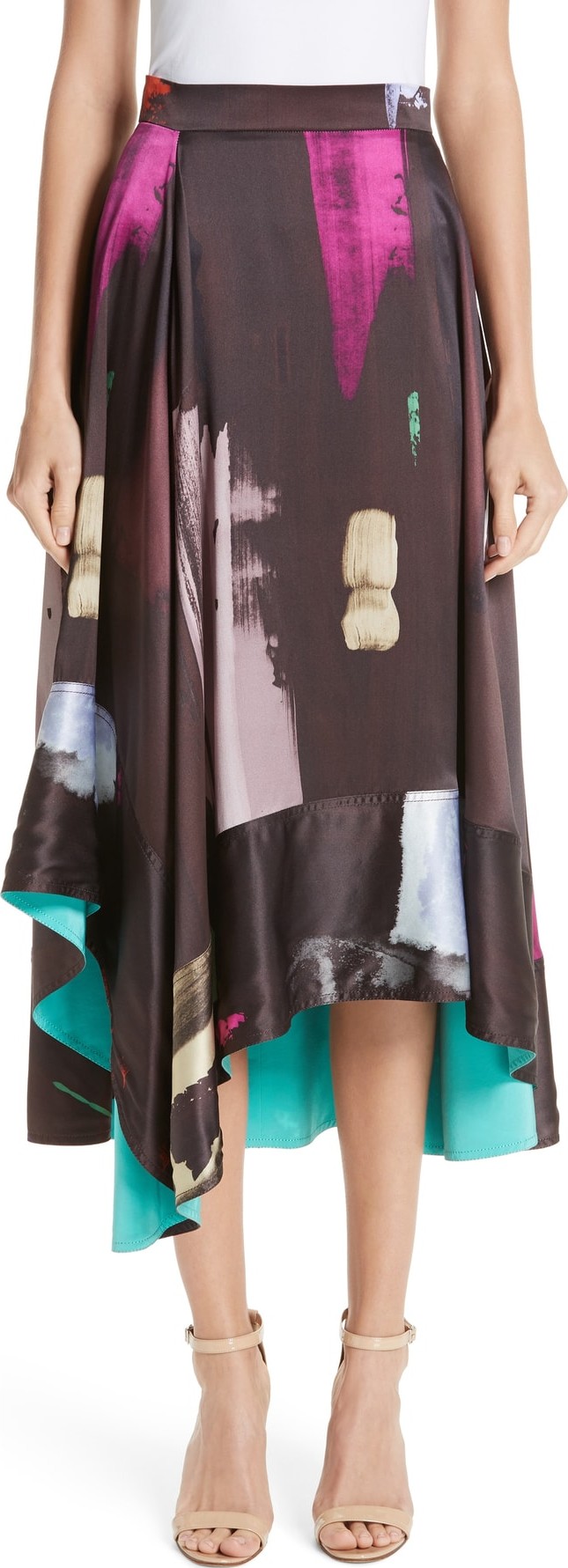 Roksanda Paint Print Silk Satin Midi Skirt