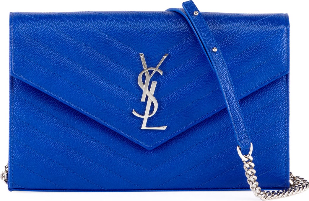 Saint Laurent Monogram YSL Large V-Flap Grain de Poudre Calfskin Wallet on Chain