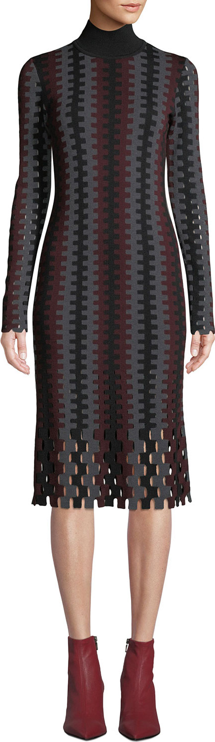 DIANE von FURSTENBERG Turtleneck Long-Sleeve Knit Intarsia Midi Dress