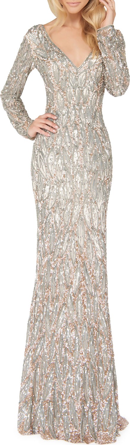 Mac Duggal Sequin V-Neck Long-Sleeve Column Gown