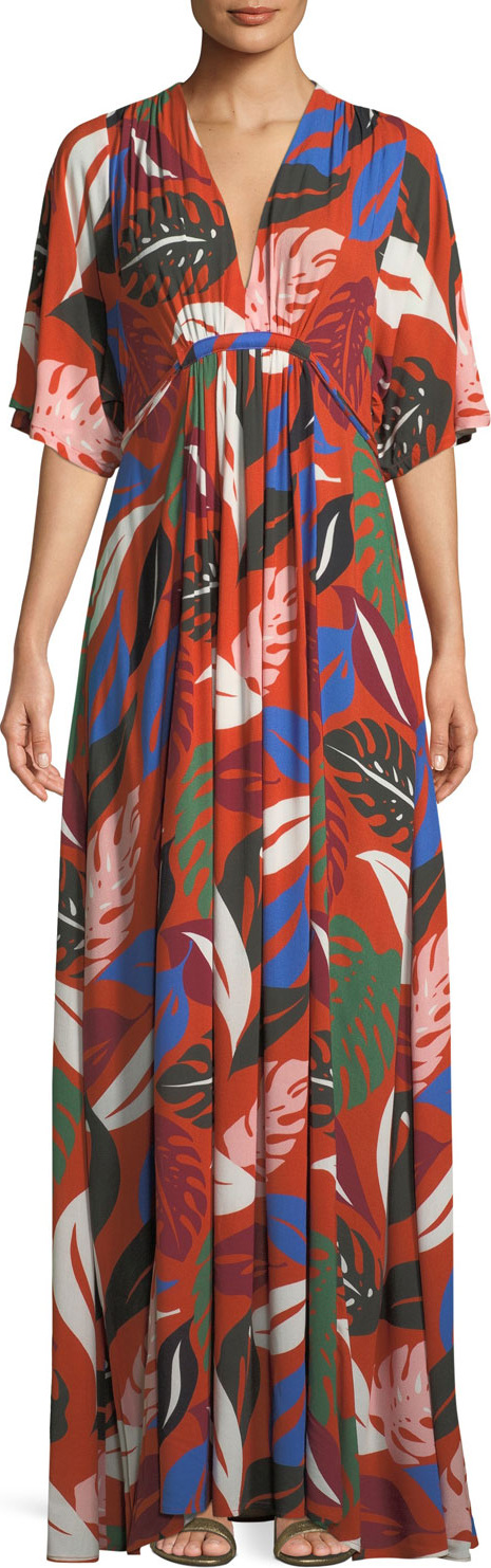 Rachel Pally Willow Crepe Botanical Leaf-Print Long Caftan Dress