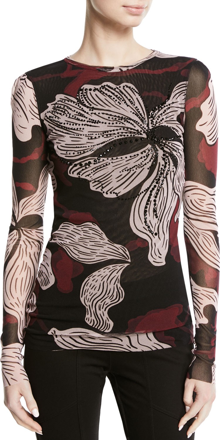 Fuzzi Crystal-Embroidered Long-Sleeve Tulle Top