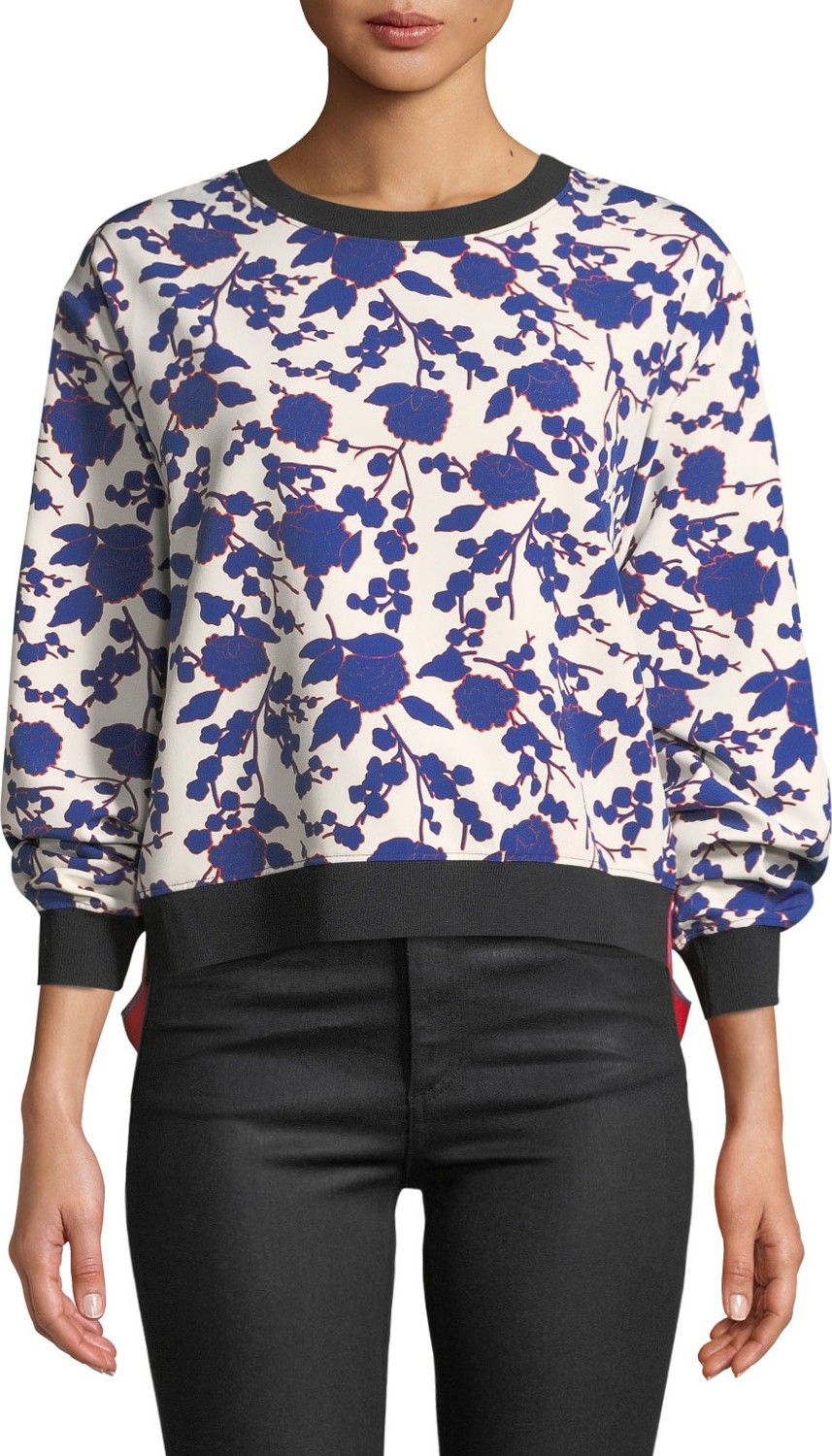 Pinko Cropped Floral-Print Crewneck Sweatshirt
