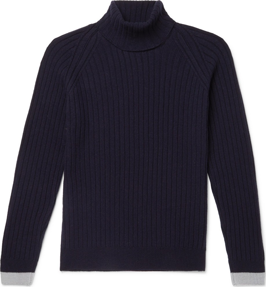 John Smedley Roman Contrast-Tipped Ribbed Merino Wool and Cashmere-Blend Rollneck Sweater