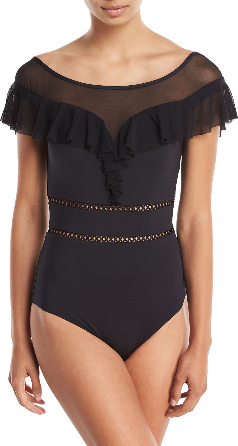 JETS by Jessika Allen Fanciful Off-the-Shoulder One-Piece Swimsuit with Mesh