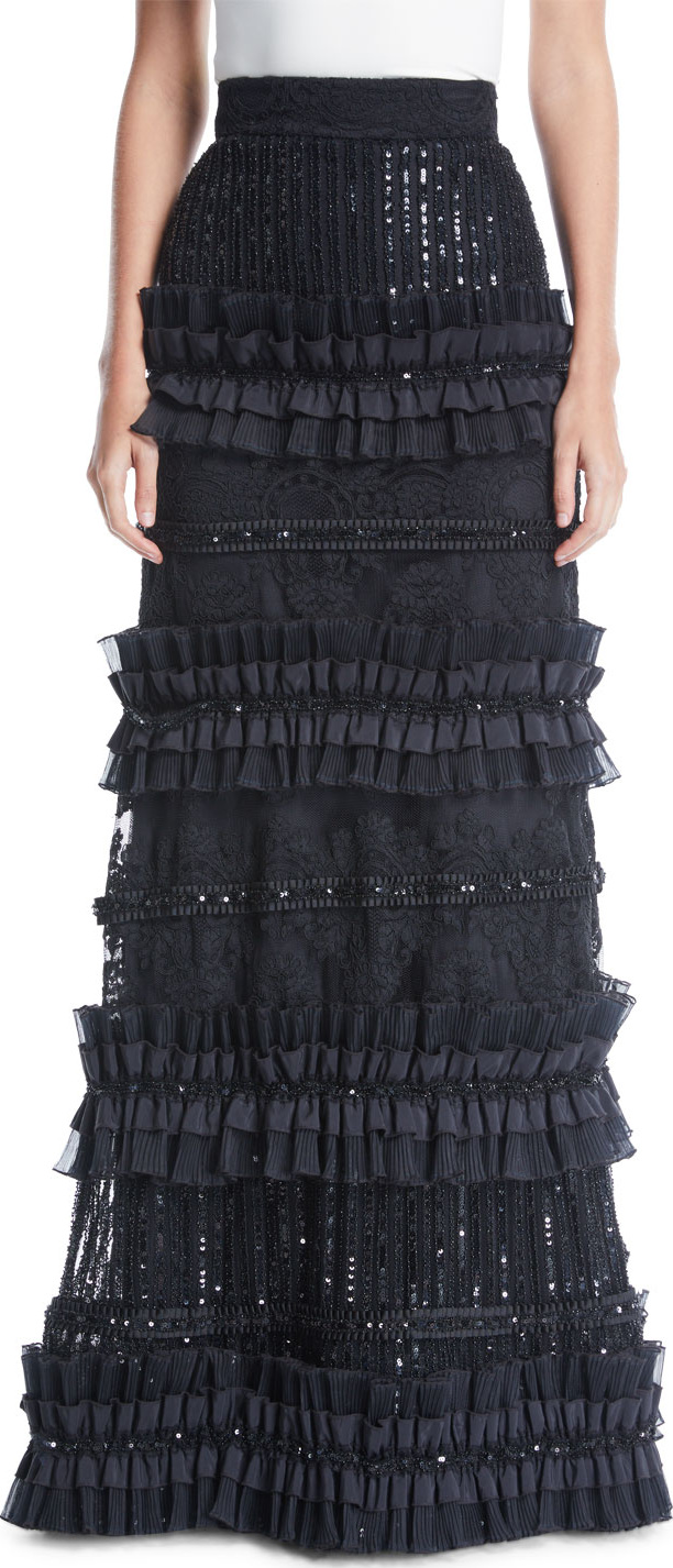 Alice + Olivia Samia Tiered Embellished Ruffle Skirt w/ Lace