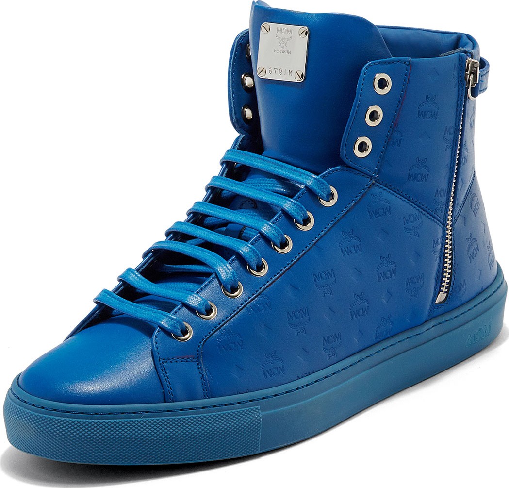 MCM Men's Embossed Leather Turn-Lock High-Top Sneakers