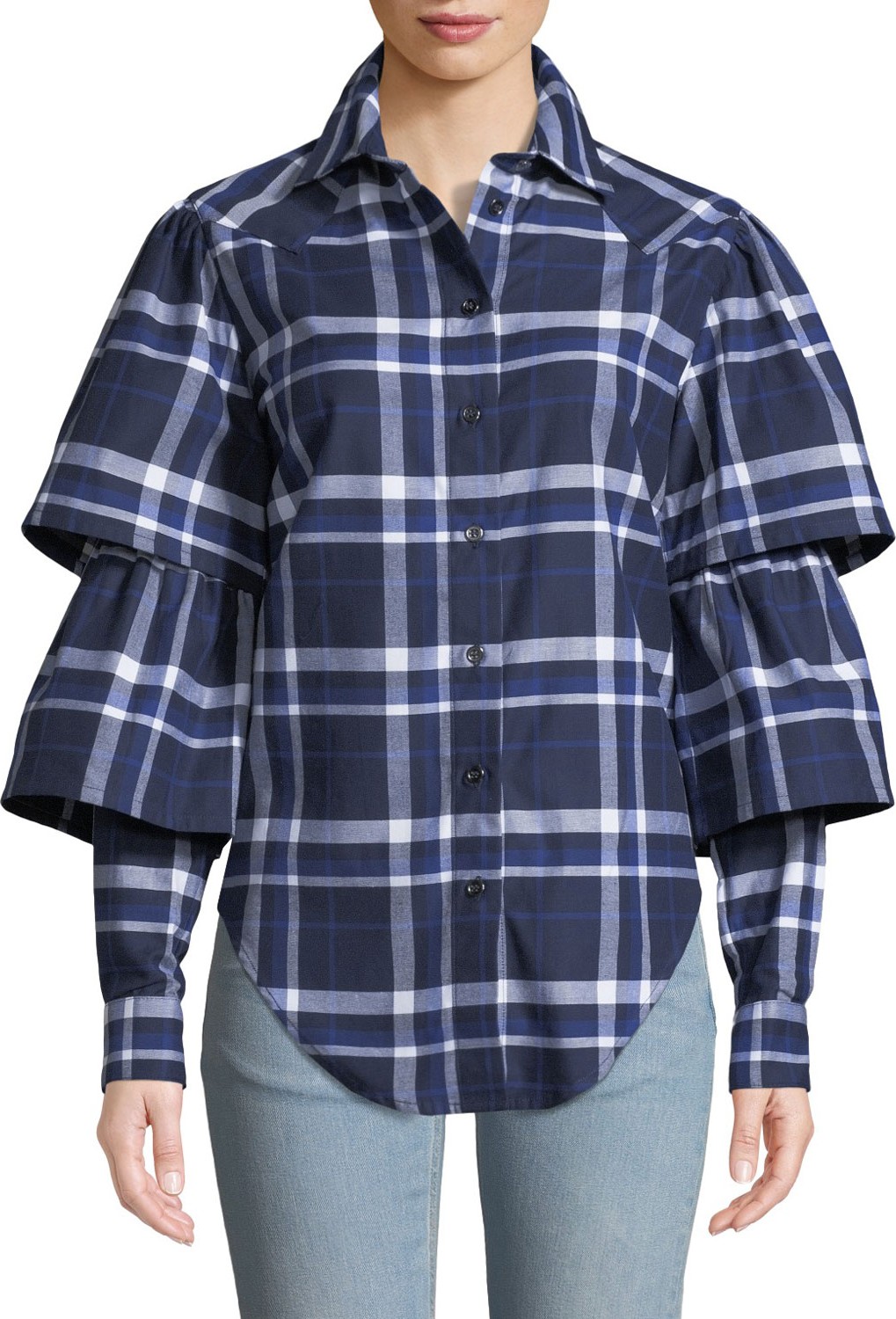 Victoria / Tomas Ruffle-Sleeve Plaid Button-Down Top