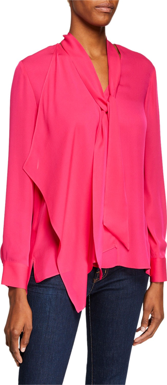 Elie Tahari Marzy Tie-Neck Long-Sleeve Silk Blouse
