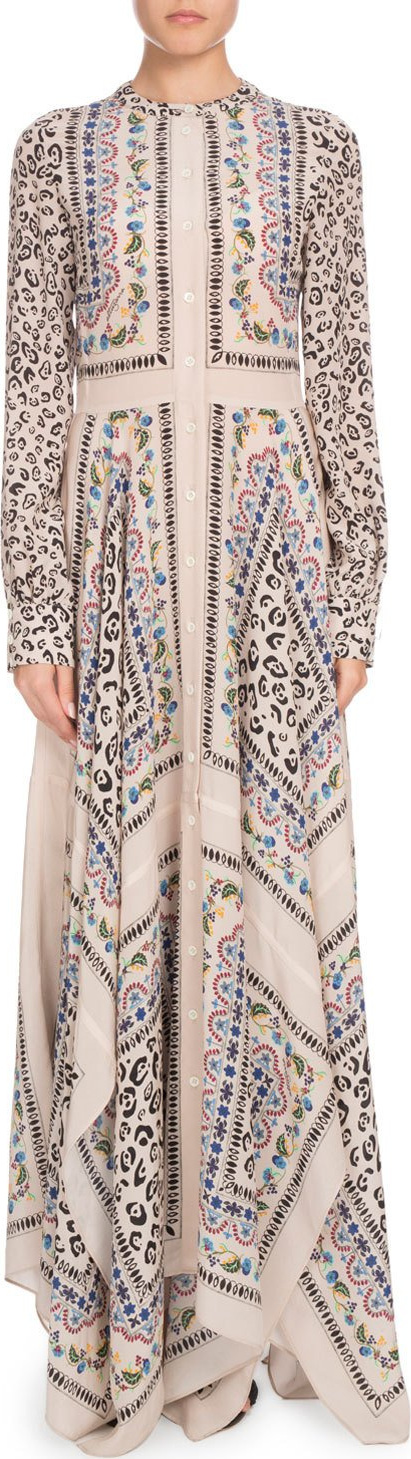 Altuzarra Long-Sleeve Button-Front Printed Crepe de Chine Maxi Dress w/ Scarf Hem