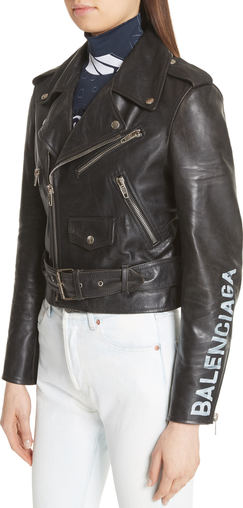 Balenciaga Logo Sleeve Leather Moto Jacket