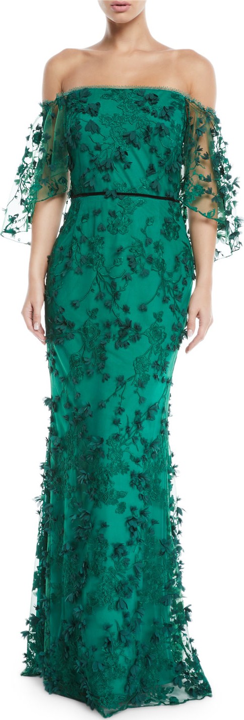 Marchesa Notte Off-the-Shoulder Gown w/ 3D Flower Lace