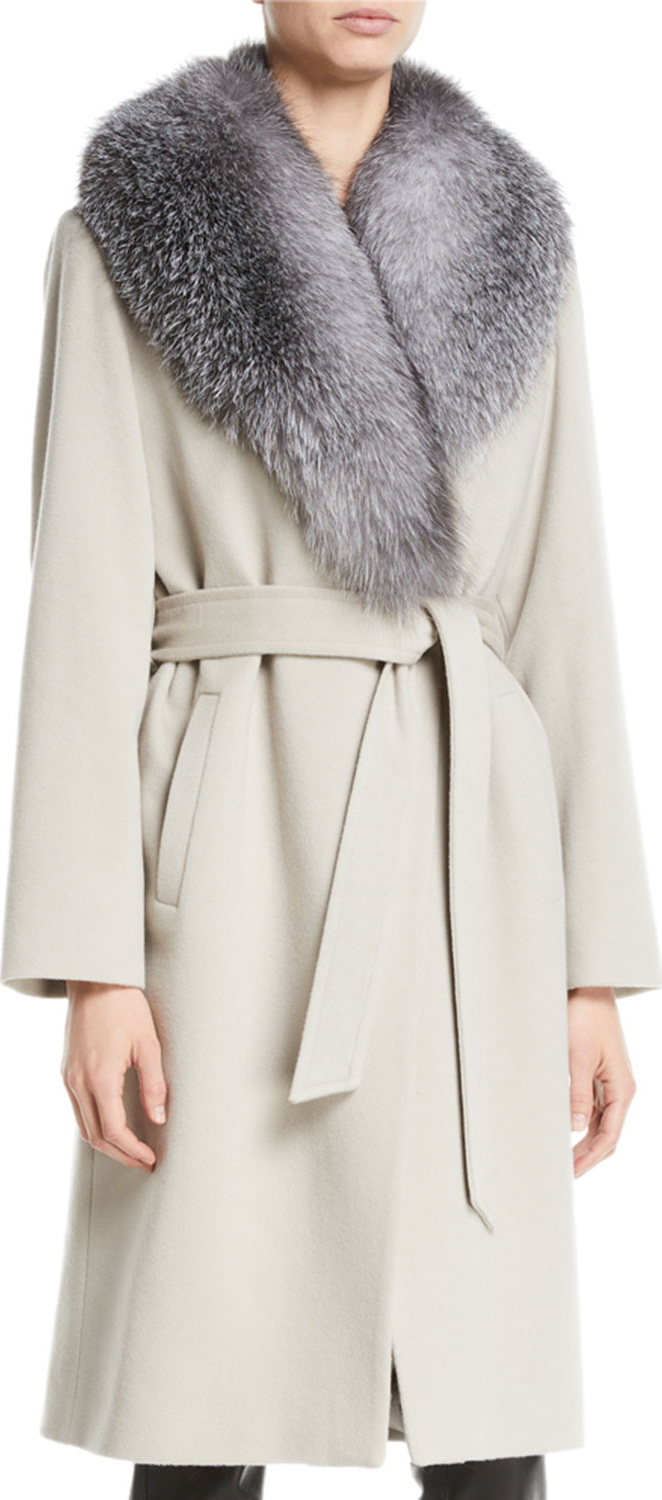 Sofia Cashmere Fur Shawl-Collar Long Wrap Coat
