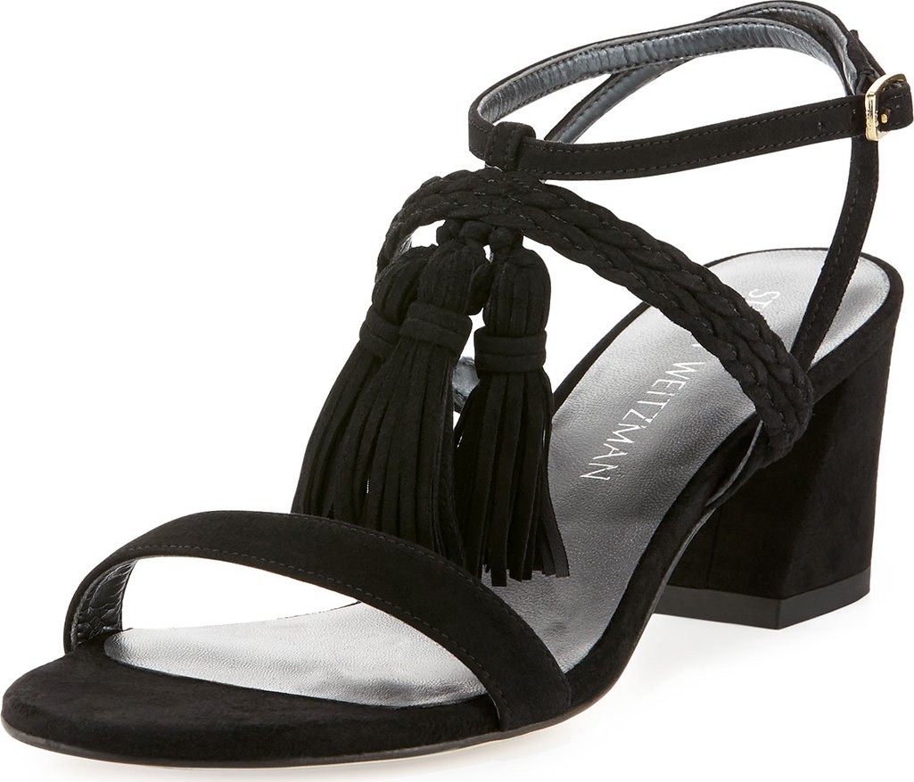 Stuart Weitzman Tasselmania Suede City Sandals, Black