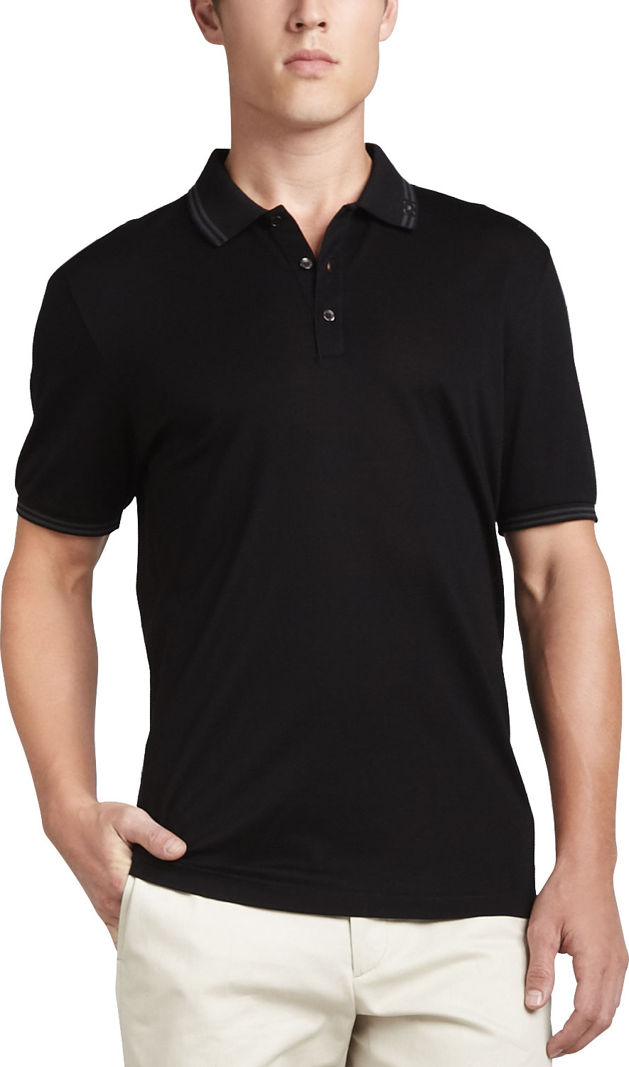 Salvatore Ferragamo Men's Cotton Piqué 3-Button Polo Shirt with Gancini Detail on Collar, Black/Gray