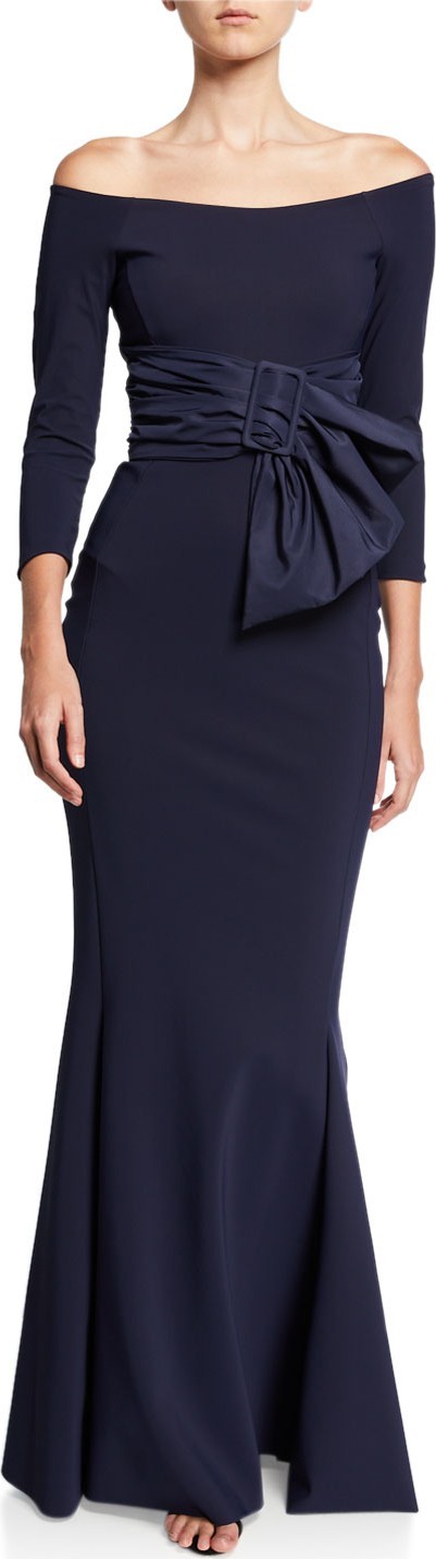 La Petite Robe di Chiara Boni Off-Shoulder 3/4-Sleeve Belted Gown La Petite Robe di Chiara Boni Off-Shoulder 3/4-Sleeve Belted Gown