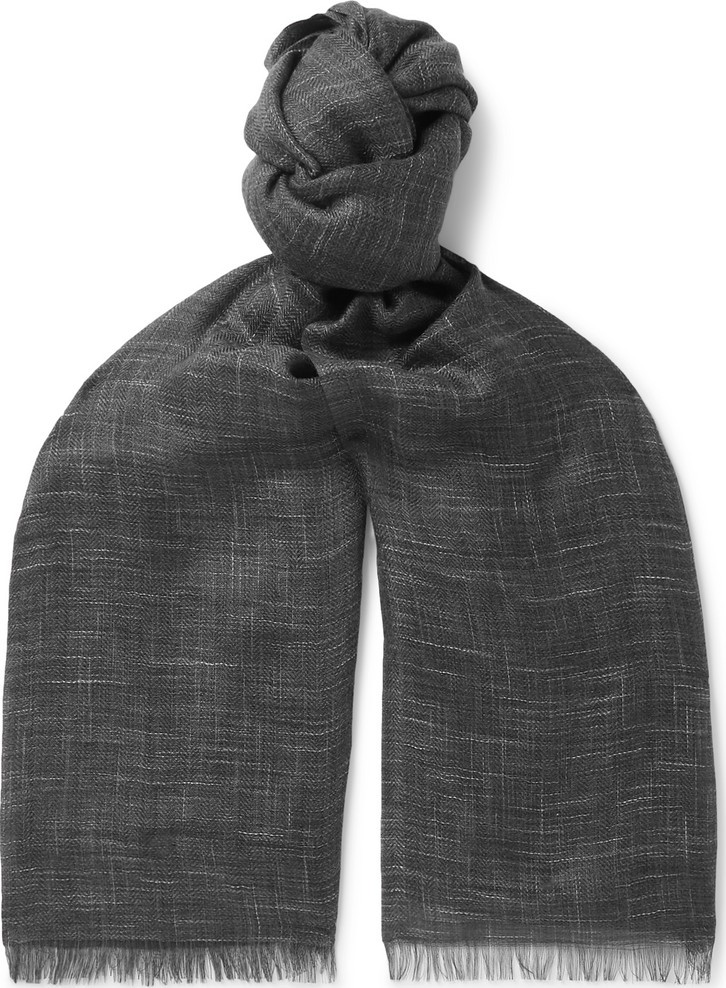 Loro Piana Brina Fringed Herringbone Mélange Cashmere and Silk-Blend Scarf