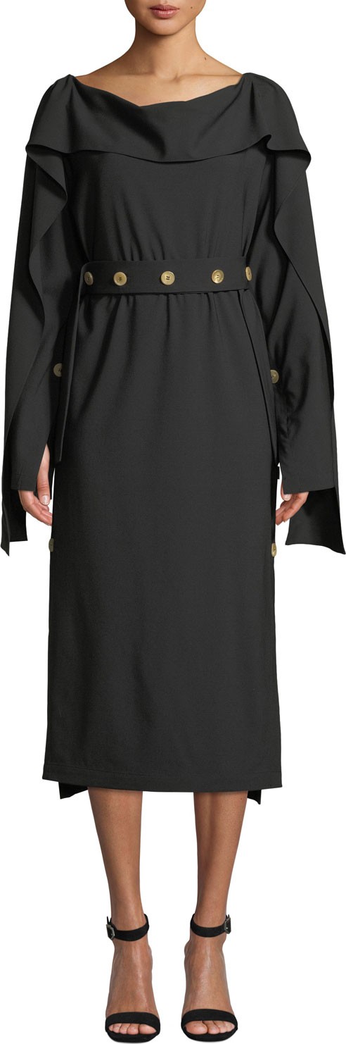 A.W.A.K.E Cutout-Back Long-Sleeve Button Midi Dress