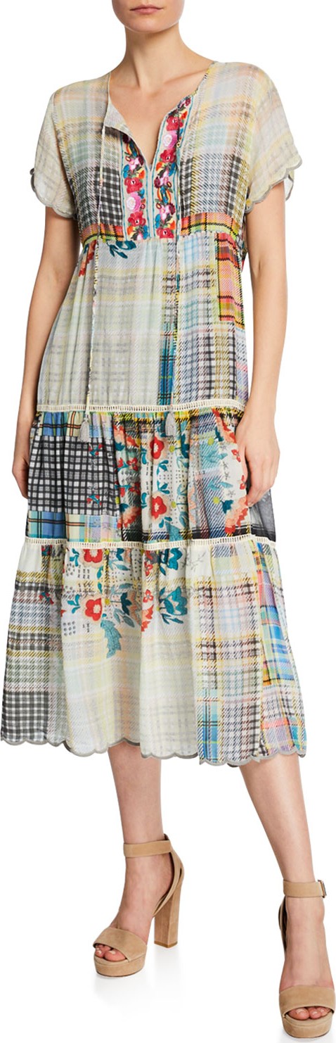 Johnny Was Zakina Split-Neck Short-Sleeve Tiered Multi-Print Georgette Dress