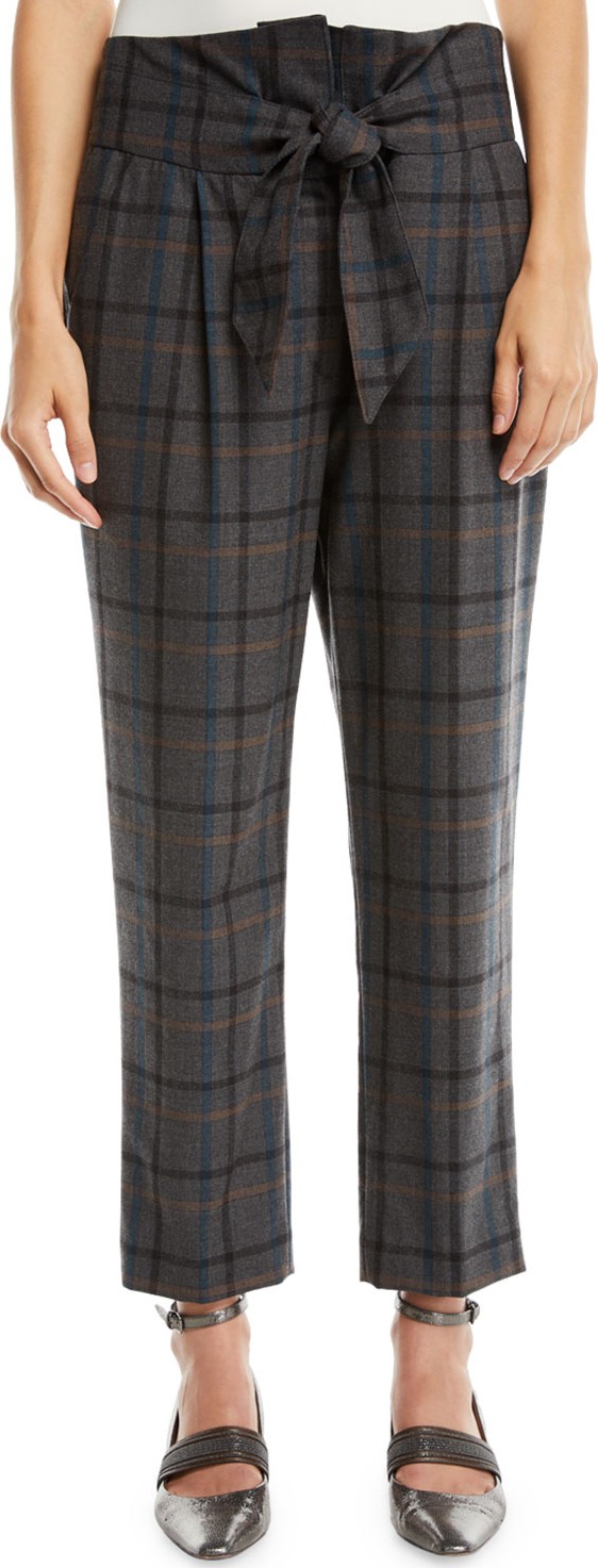 Brunello Cucinelli High-Waist Tie-Front Tapered-Leg Plaid Wool Pants