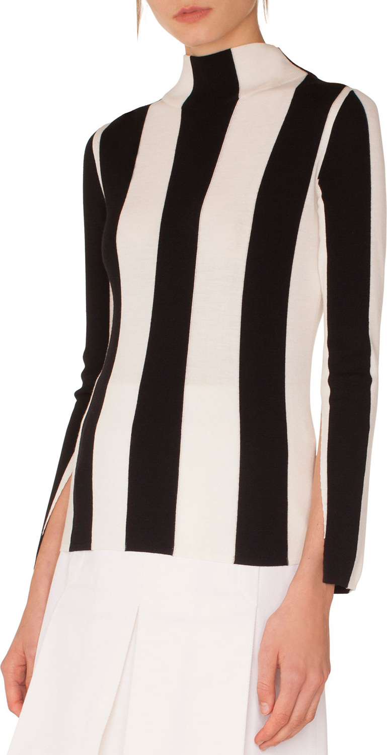Akris Punto Turtleneck Split-Sleeves Striped Wool Sweater