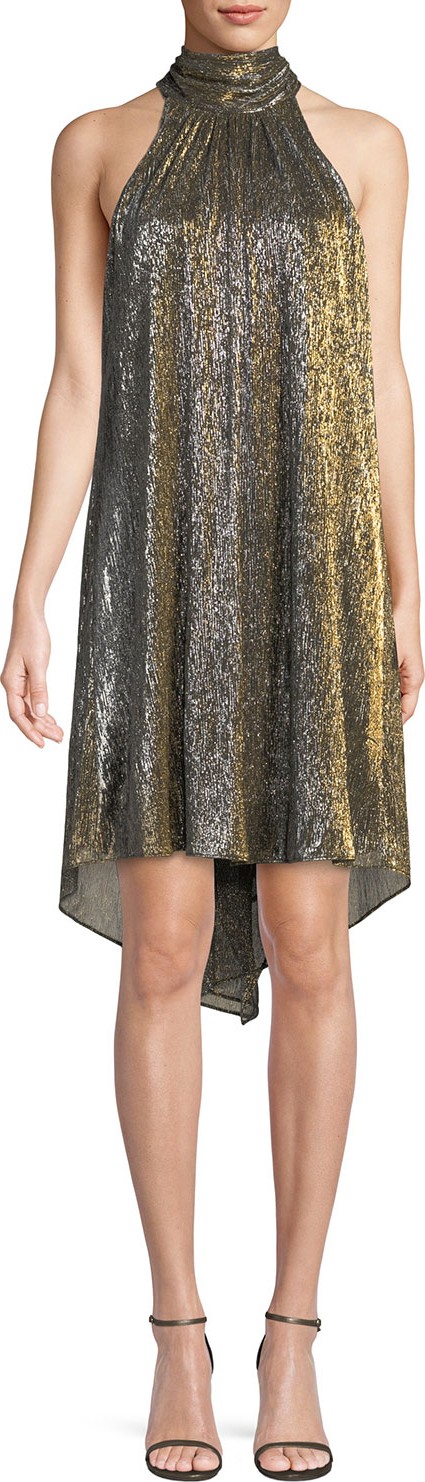 HALSTON HERITAGE Metallic Jersey High-Neck Dress
