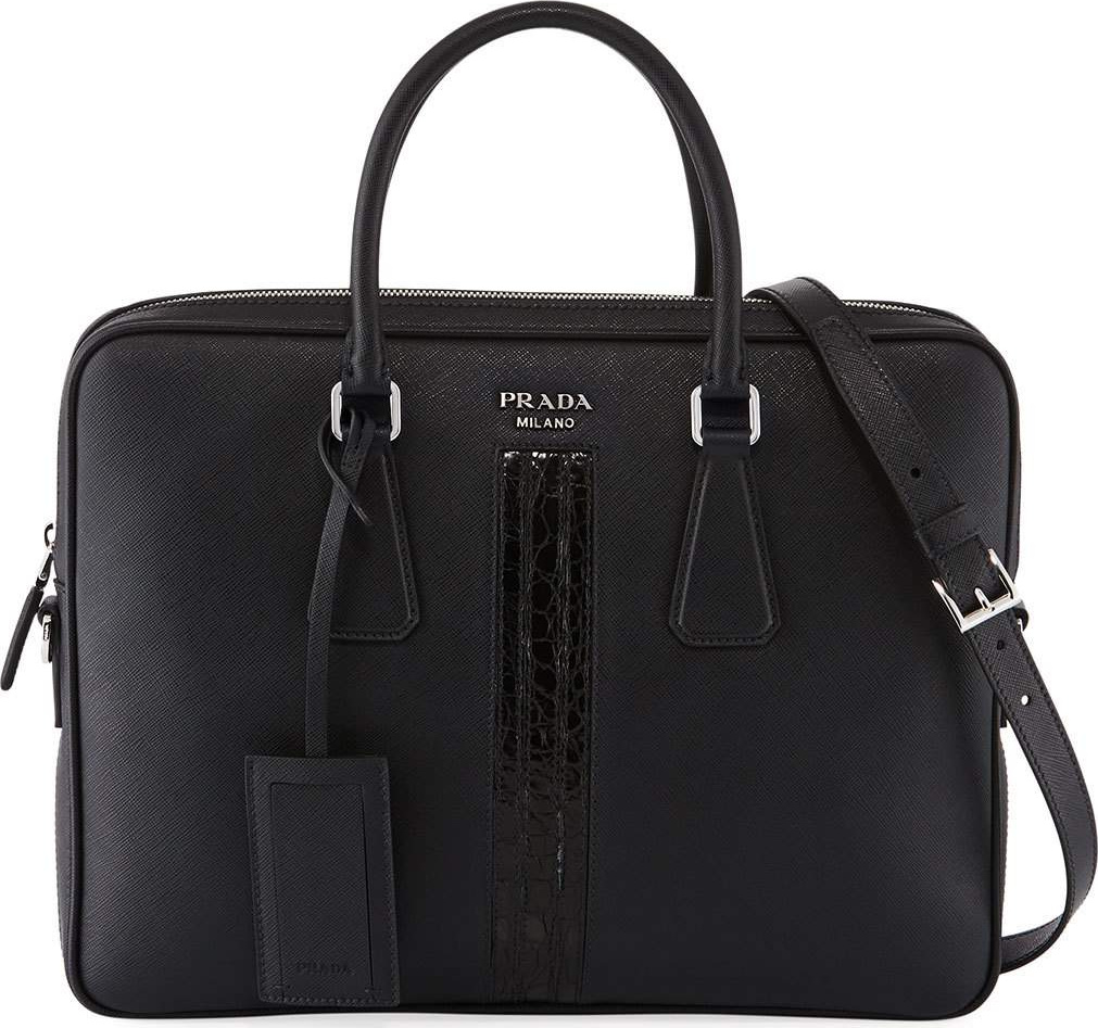 Prada Slim Saffiano Leather/Crocodile Triangle Briefcase