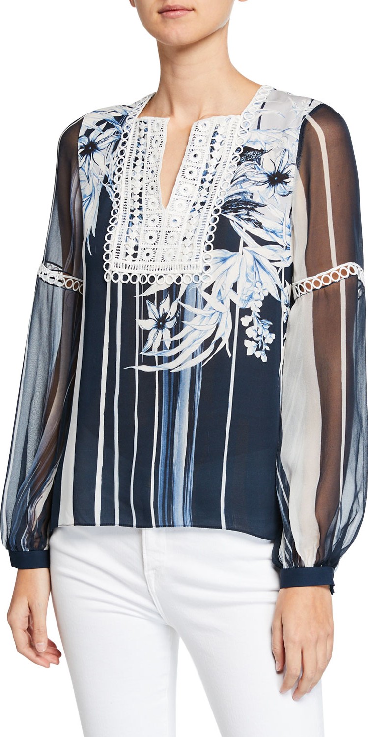 Elie Tahari Naydean Striped Floral-Print Long-Sleeve Blouse