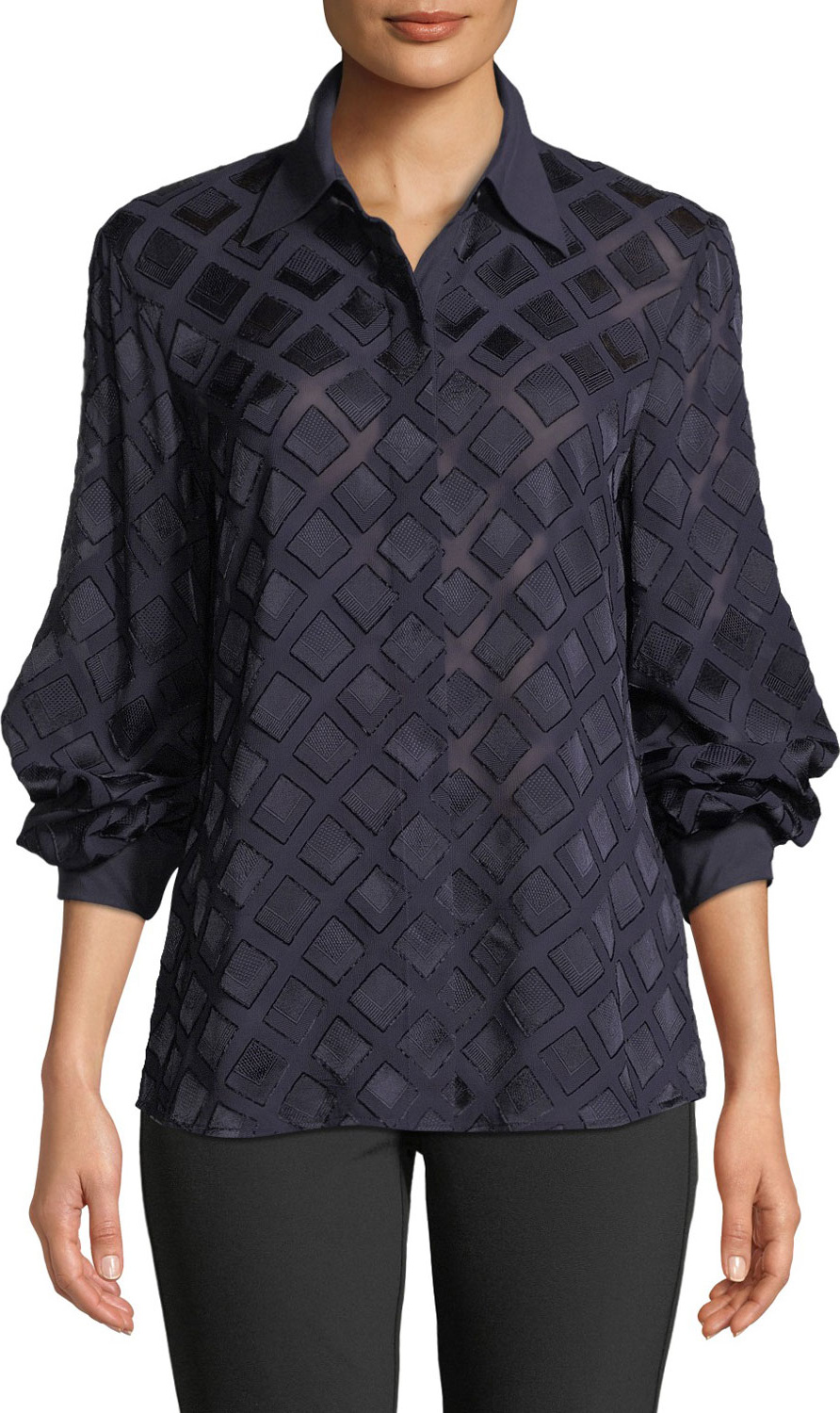 Lafayette 148 New York Cardee Button-Front Long-Sleeve Vertex Fil Coupe Blouse