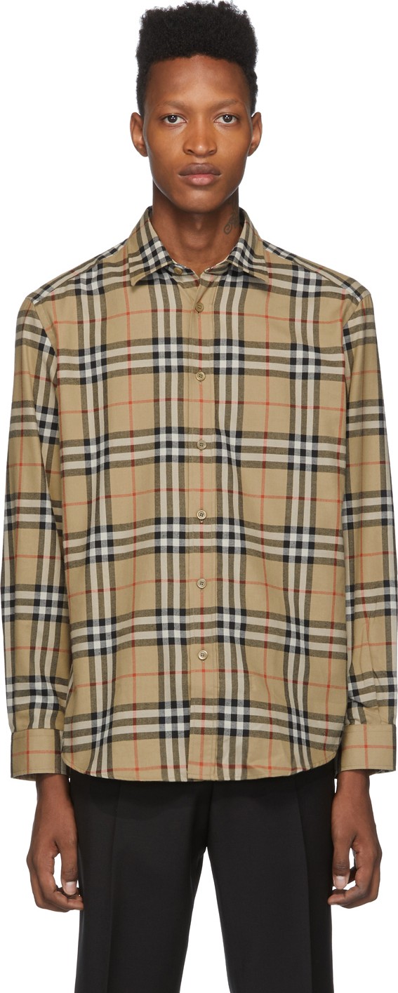Burberry London England Beige Check Flannel Chambers Shirt