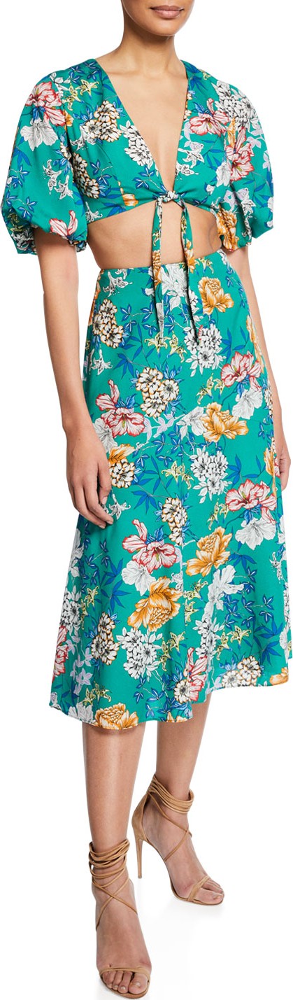 Aidan by Aidan Mattox Floral-Print Two-Piece Tie-Front Crop Top & Skirt Set