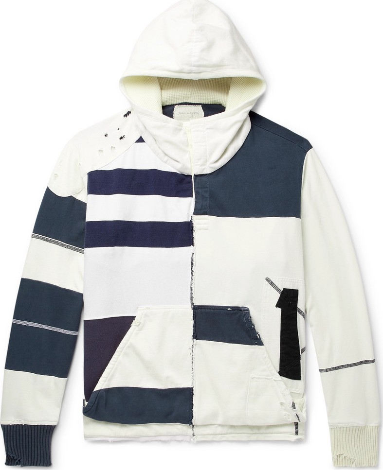 Greg Lauren Panelled Distressed Striped Cotton Hoodie