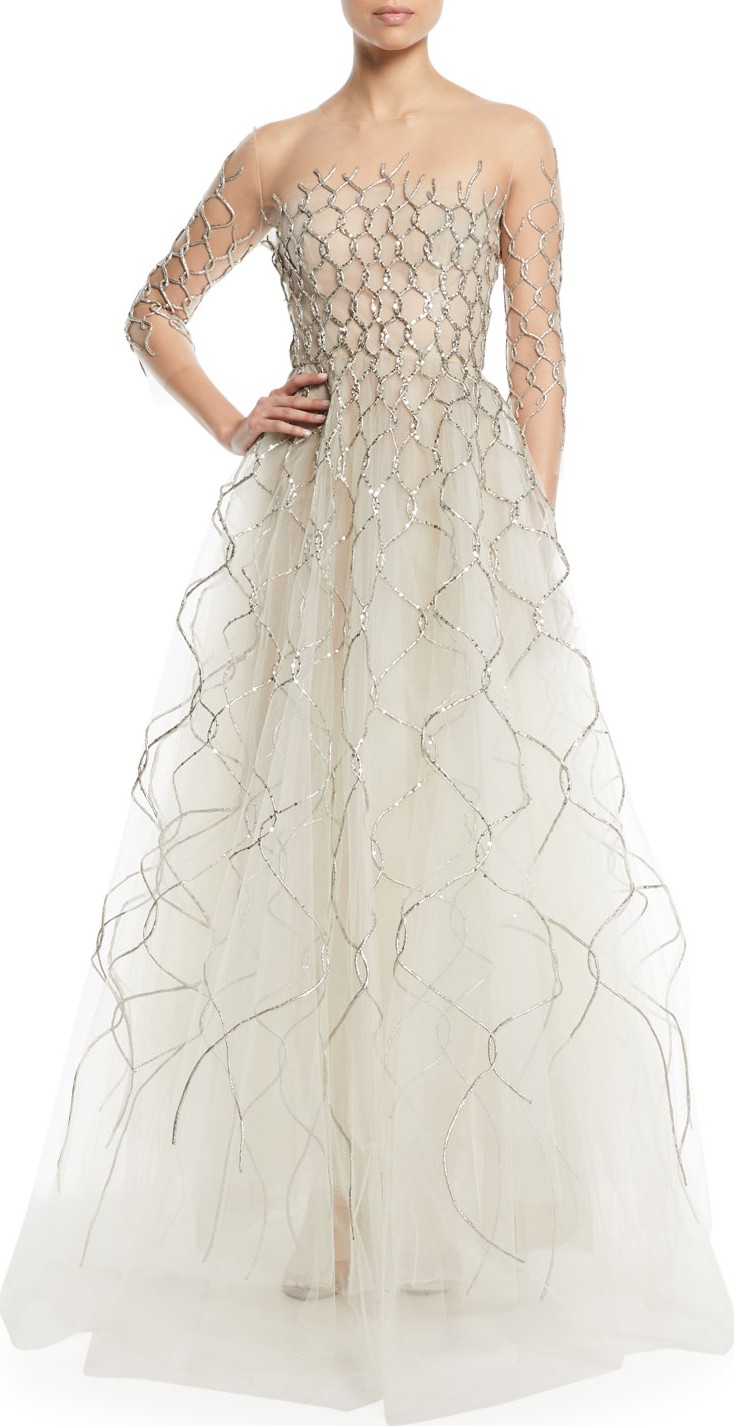 Oscar De La Renta 3/4-Sleeve Metallic Embroidered Tulle Evening Gown