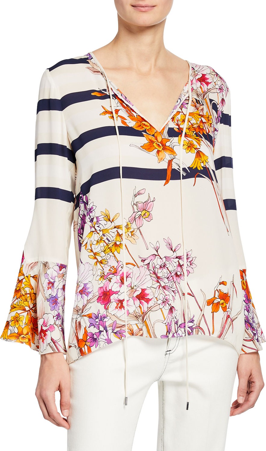 Elie Tahari Ulrika Striped Floral-Print Long-Sleeve Blouse