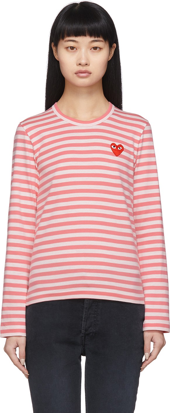 Comme Des Garcons PLAY Pink & White Striped Heart Patch Long Sleeve T-Shirt