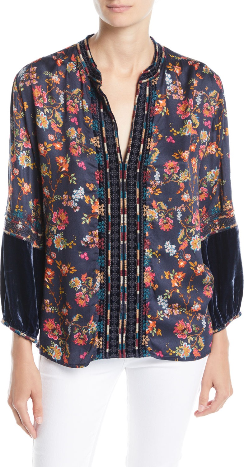 Johnny Was Paris Effortless Velvet-Trim Blouse