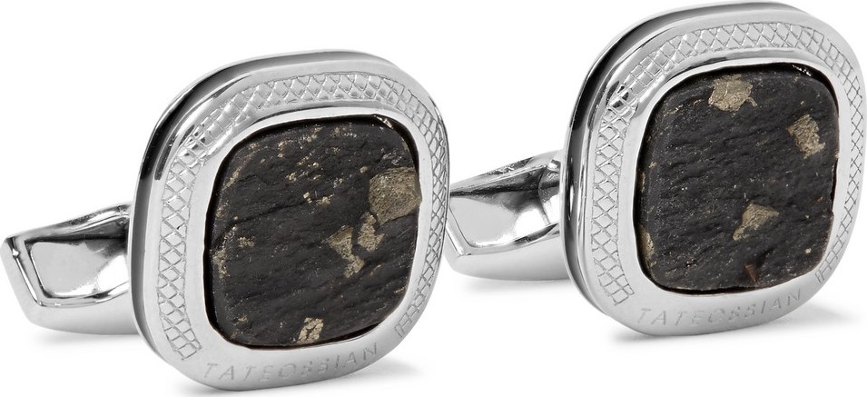 Tateossian Rhodium-Plated Sterling Silver, Slate and Pyrite Cufflinks